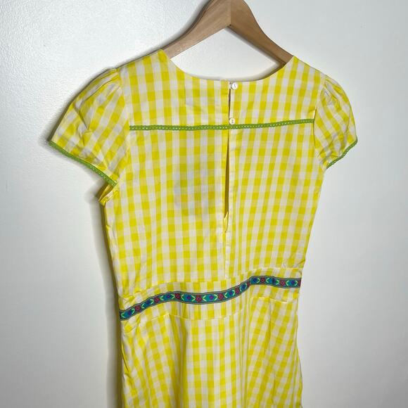 Rosalita McGee Womens Dress L Yellow Gingham Floral Embroidered Cotton Colorful - Picture 9 of 12